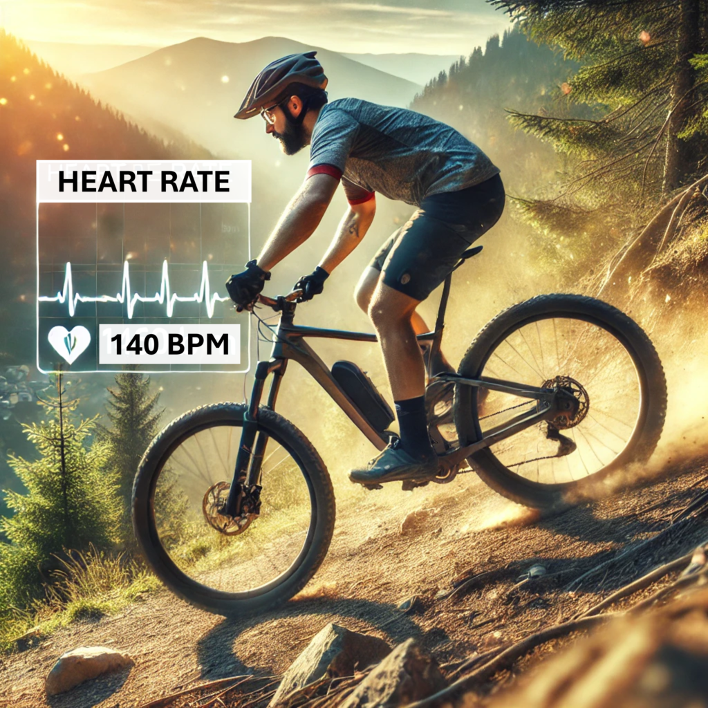 An e-mountain biker is racing down a hill in the Appalachian Mountains. A graphic of a heart rate monitor with 140 BPM is overlayed on the left side.