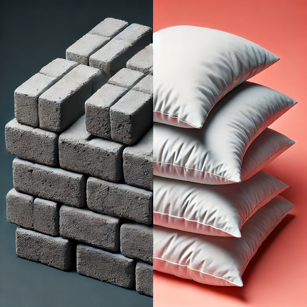 An image that shows a pile of gray bricks on the left side and a pile of pillows on the right side.