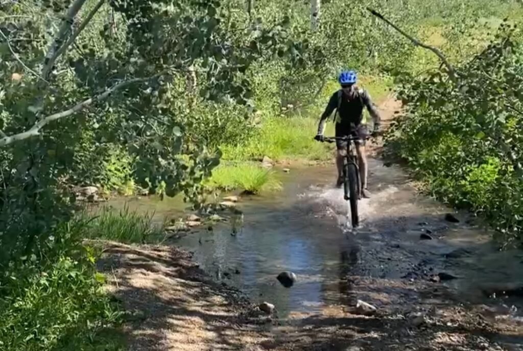 Man riding e-mountain bike through a stream in the woods.