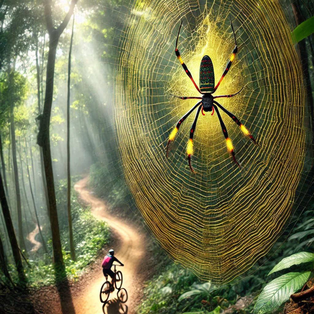 A large Joro Spider is on her web in the foreground, a mountain biker riding a trail below her.