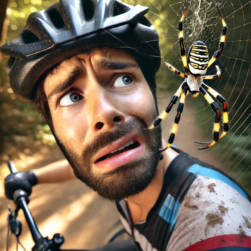 An eMTB rider has a disconcerted look as he realized his helmet is entangled in a spider web, the large Joro spider is inches from his face!