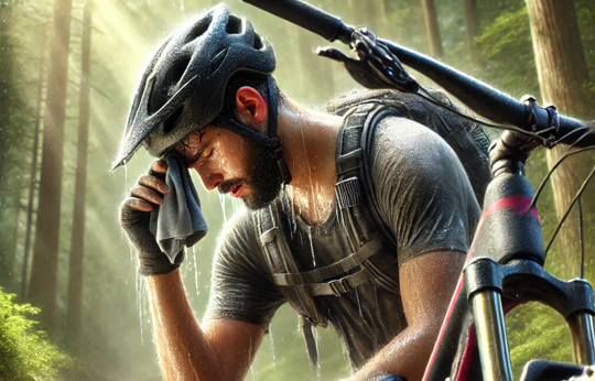 A very sweaty and dehydrated rider is leaning on his eMTB and holding a damp cloth to his head. The background is a trail through the woods.