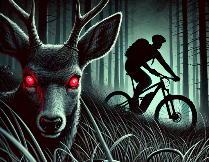 A deer with glowing red eyes lurks in the high grass near a mountain bike trail, the shadow of an unsuspecting rider is in the background.