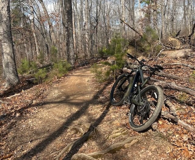 An eMTB is leaning against a fallen tree, on the side of a mountain bike trail in Georgia. The background is a late winter woods.