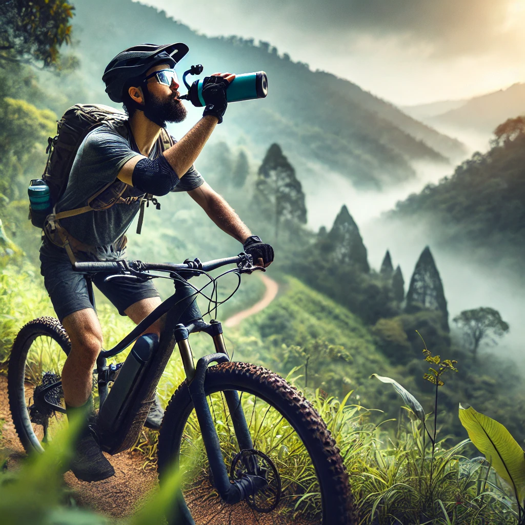 An e-mountain biker drinks from a water bottle while riding along a ridge in the Southeast US.