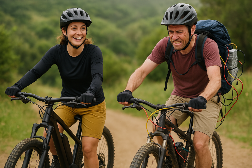 A happy eMTB rider rides next to a struggling rider on a home-made eMTB. The struggling rider is wearing a backpack with batteries and wires coming out and connected to his motor.